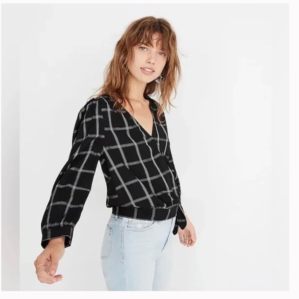 Madewell Casual Wrap Cropped Top in Windowpane Balsam Plaid Black Size XXL